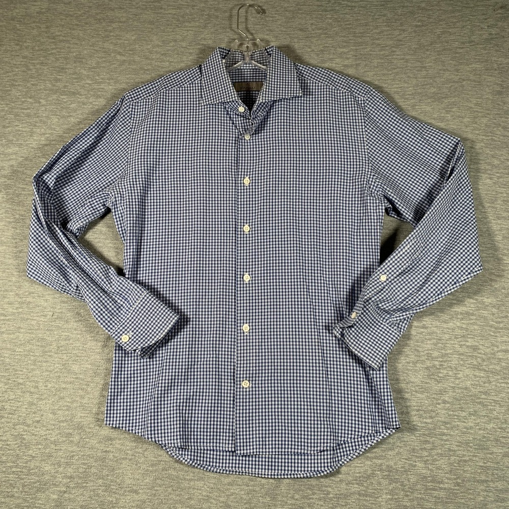 Canali Dress Shirt Mens 16 Blue Gingham Long Sleeve‎ Made In Italy